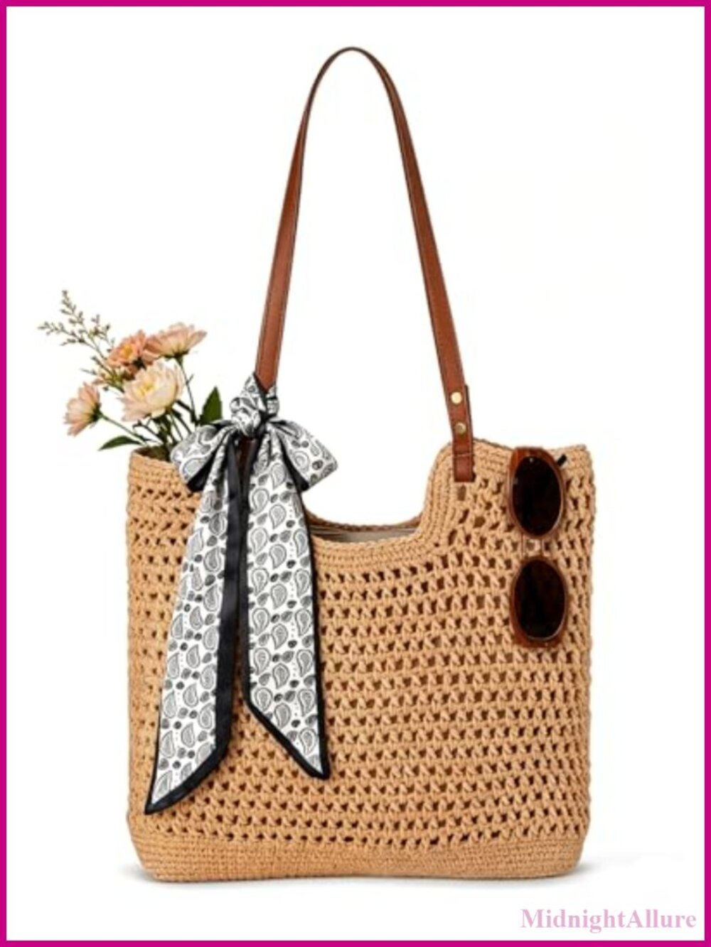 Crochet Beach Tote Bag Woven Shoulder Purse Zipper Faux Leather Strap